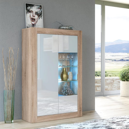 Modern Oak White LED Sideboard Cabinet Glass Doors Display Unit 140cm