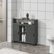 Bathroom Storage Cabinet Dark Grey Slim Cupboard w/ Wheels & Sliding Door
