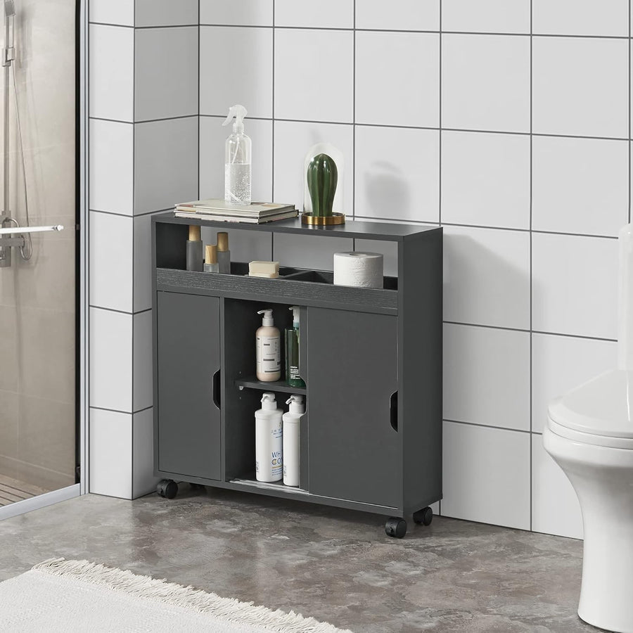 Bathroom Storage Cabinet Dark Grey Slim Cupboard w/ Wheels & Sliding Door