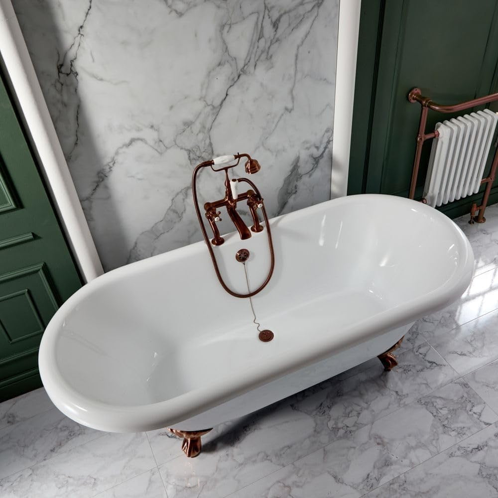 White Double Ended Freestanding Roll Top Bath 1795x785mm Copper Claw Feet