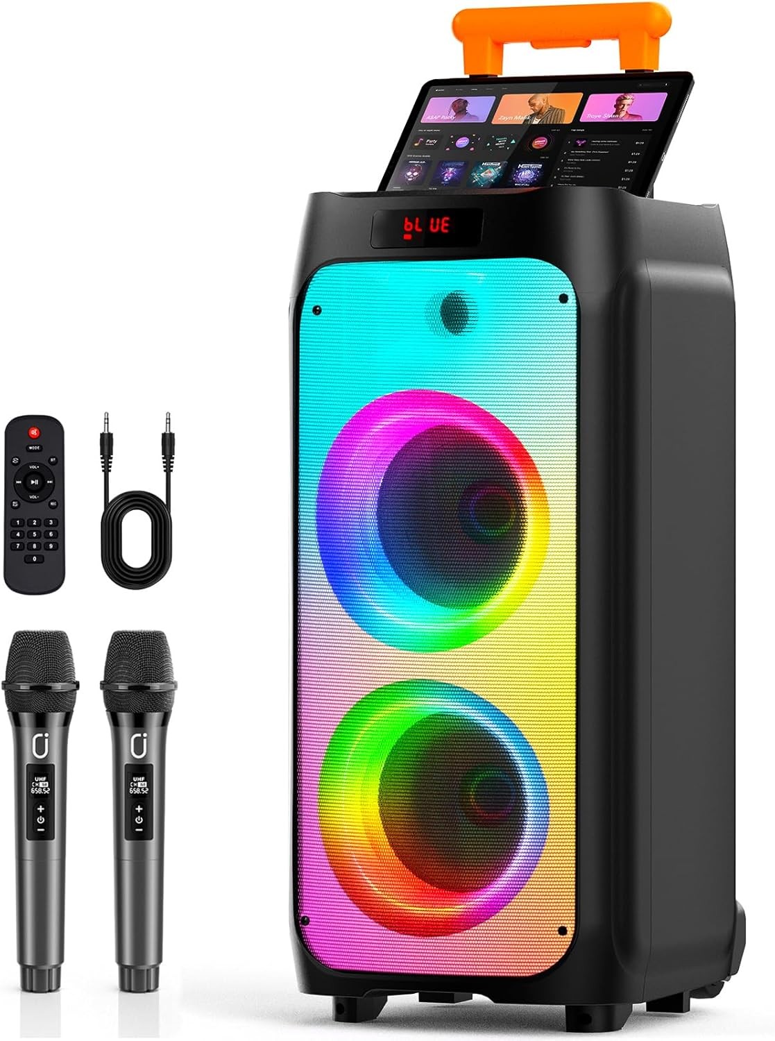 8" Subwoofer Karaoke Speaker with 2 Wireless Mics DJ Lights Trolley