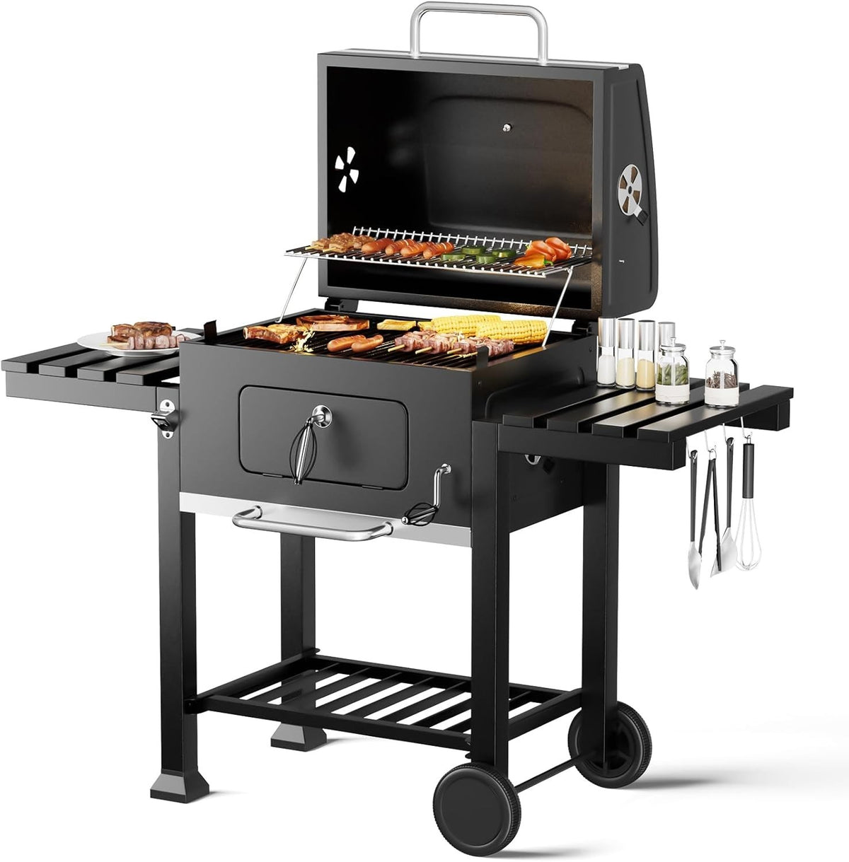 XXL Charcoal BBQ Grill with Wheels & Folding Tables | Thermometer