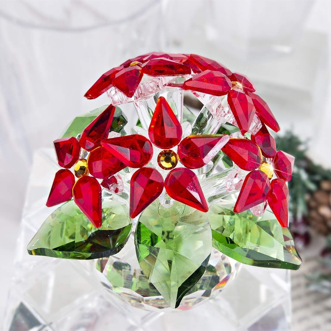 Crystal Poinsettia Flower Ornament • Red Glass Figurine • Luxury Table Décor