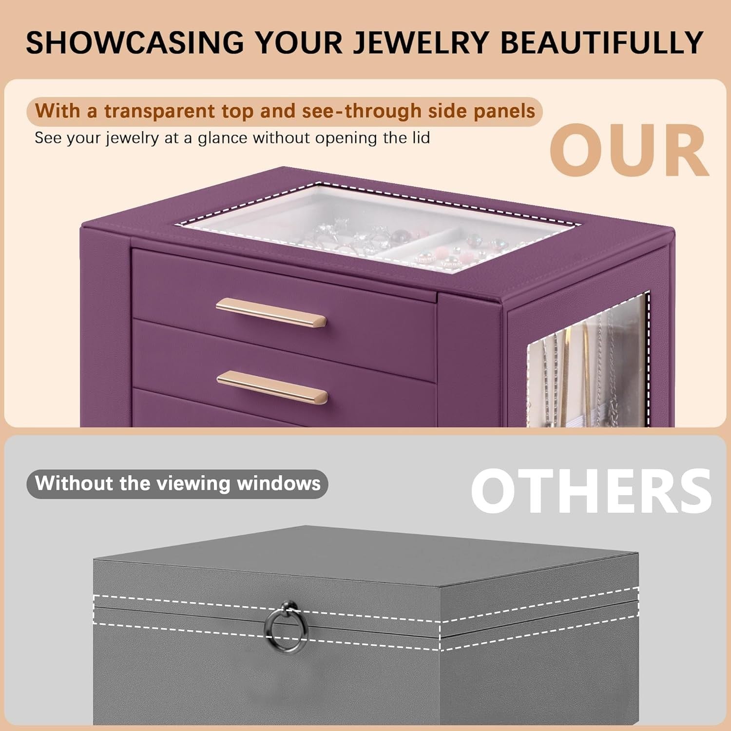 Purple PU Leather Jewellery Organizer Box Drawer Storage for Rings Watches