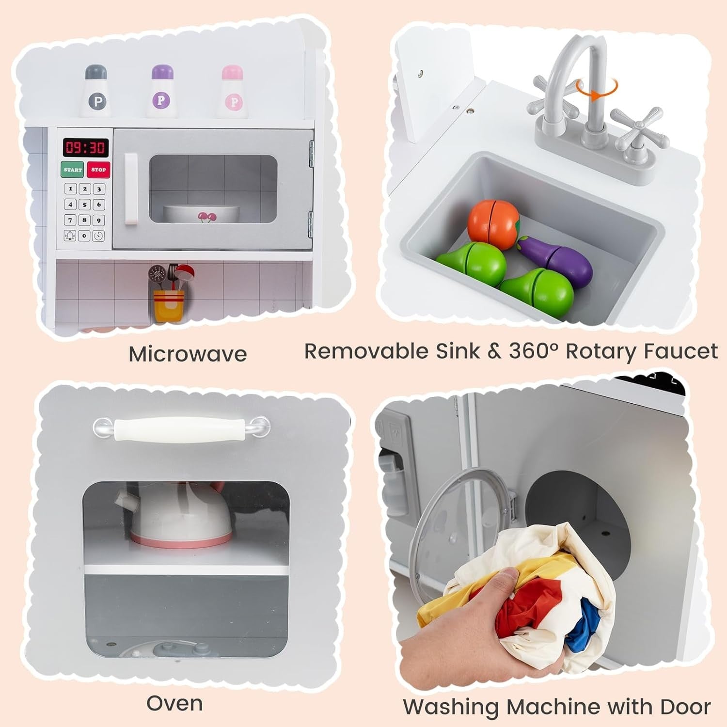 Large Wooden Kids Play Kitchen Set Light Sound Fridge Washer Microwave