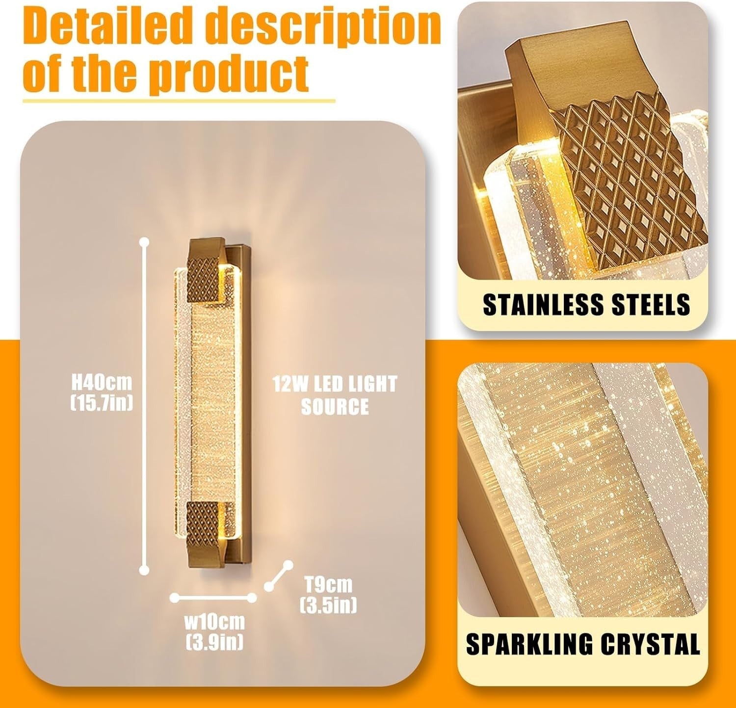 Gold Crystal LED Wall Light Modern Tri-Color Lamp for Hallway & Bedroom