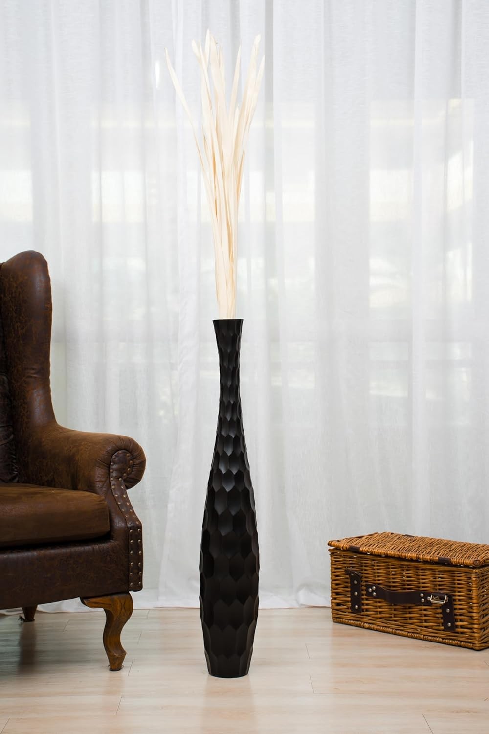 Large Black Floor Vase 85cm Tall Wooden Decor for Pampas Grass