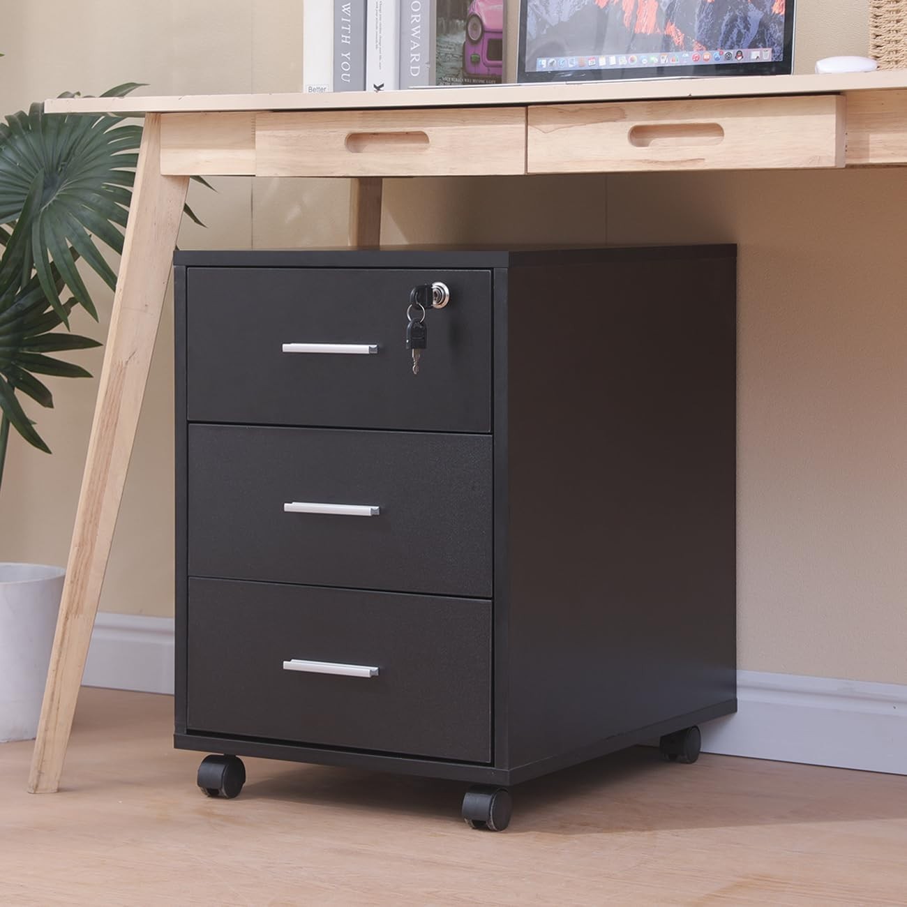 Black Locking Rolling Desk Pedestal 3 Drawer Under Desk File Cabinet