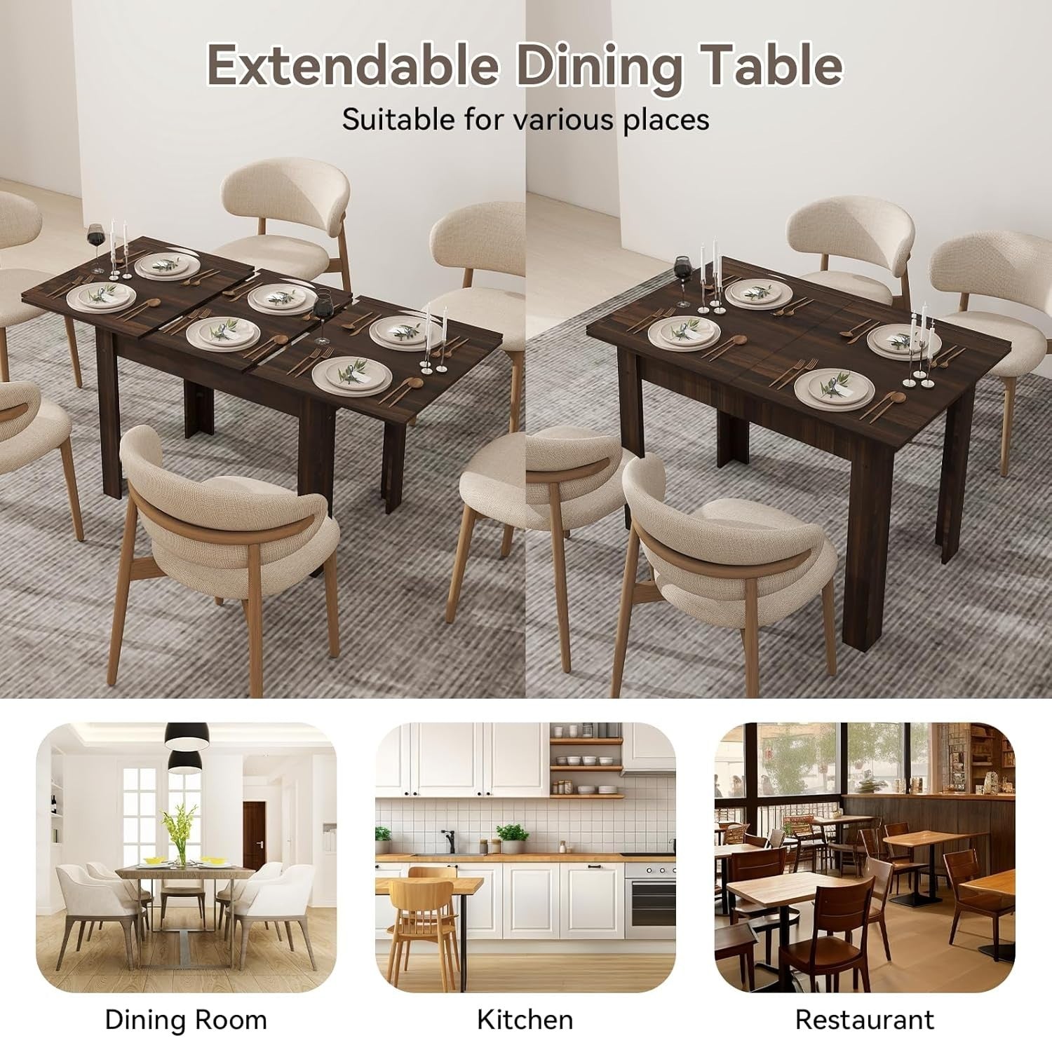 Extendable Dining Table 6-8 Seater Brown Wood Kitchen Home Solid Legs