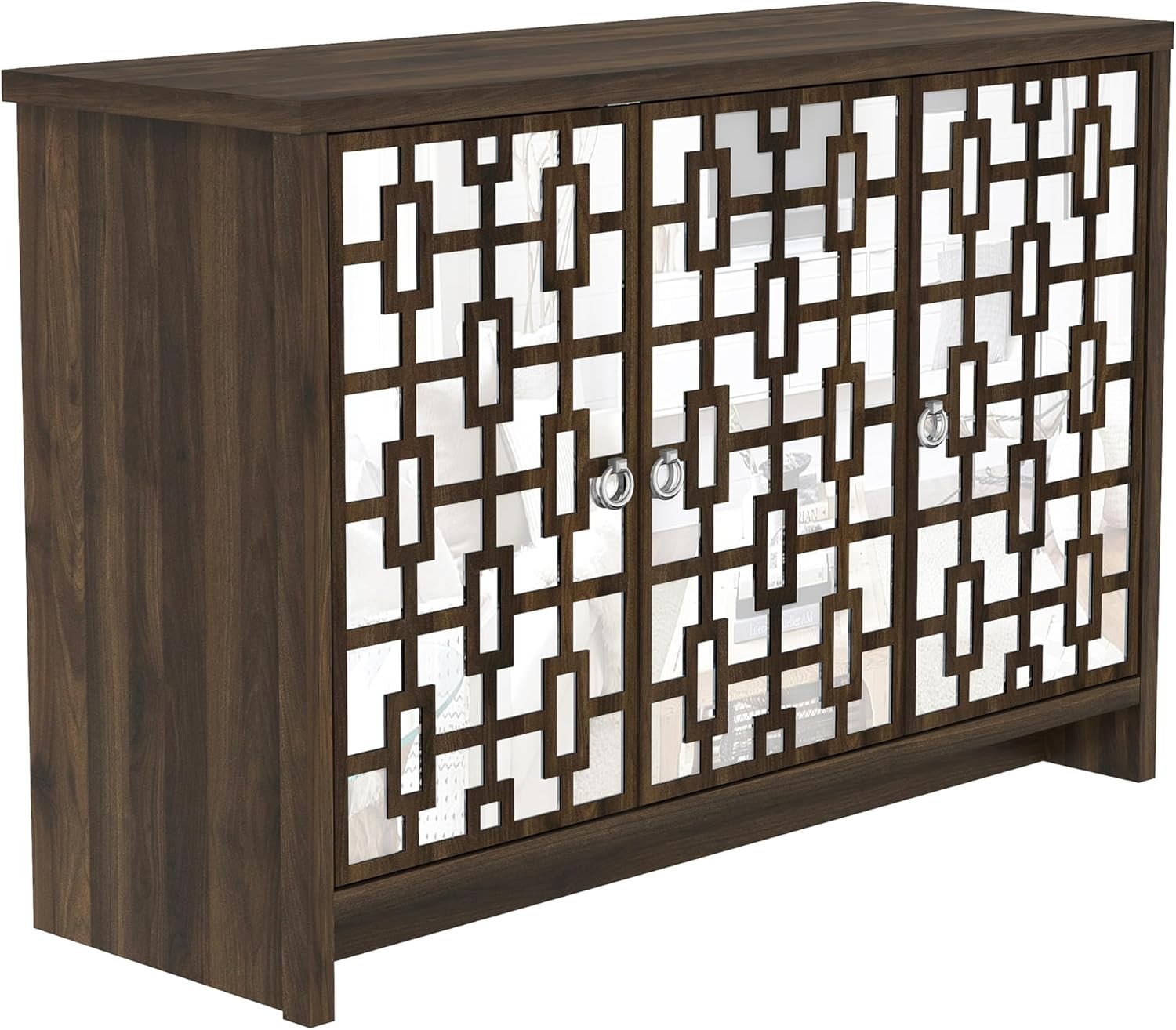Mirrored Sideboard 3 Door Walnut Storage Cabinet Modern Hallway