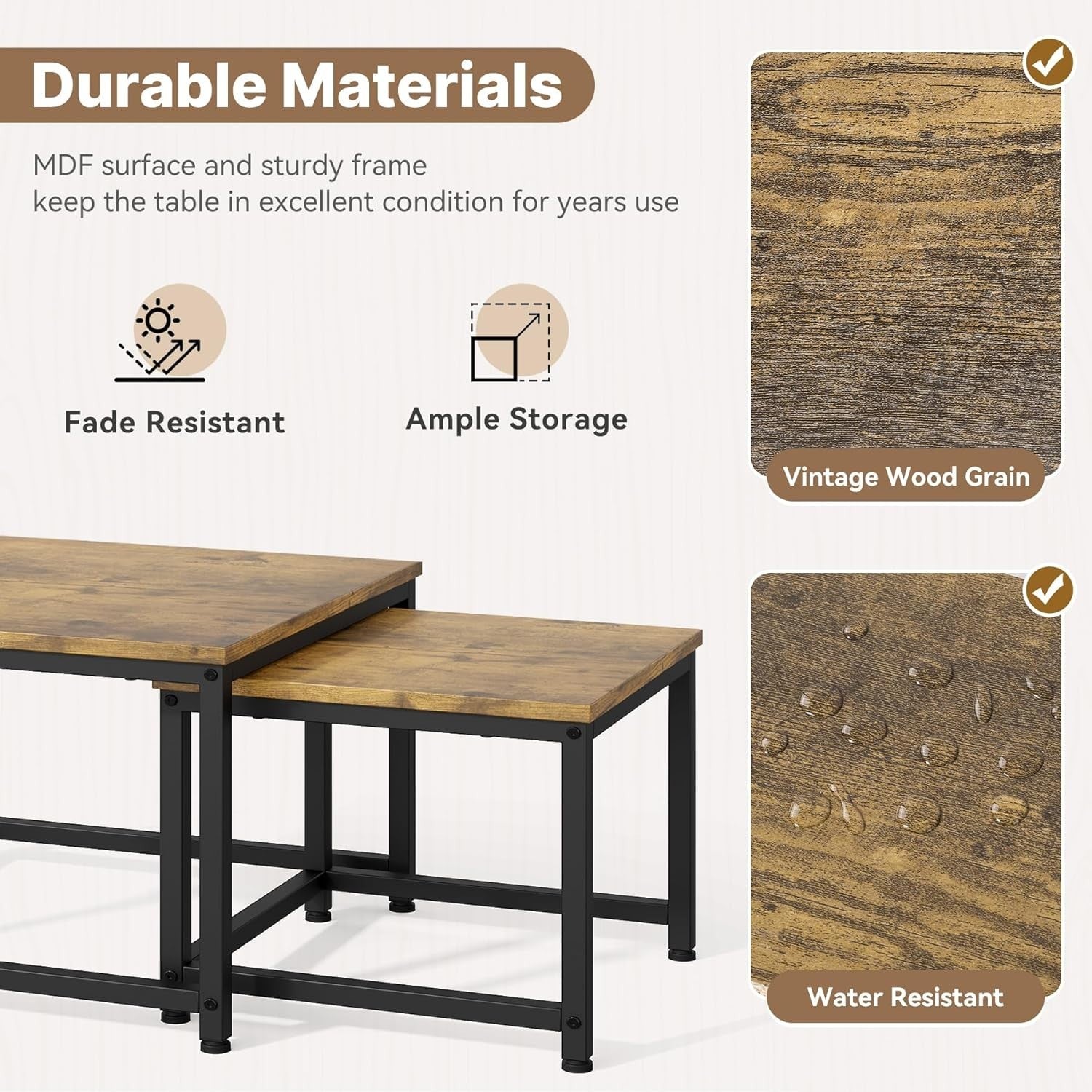 Square Nesting Coffee Tables Set of 2, Wood Grain Tops & Metal Frame.