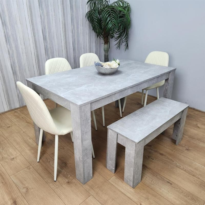 6 Seater Grey Dining Table Set with Cream Leather Chairs & Bench Oak Look
