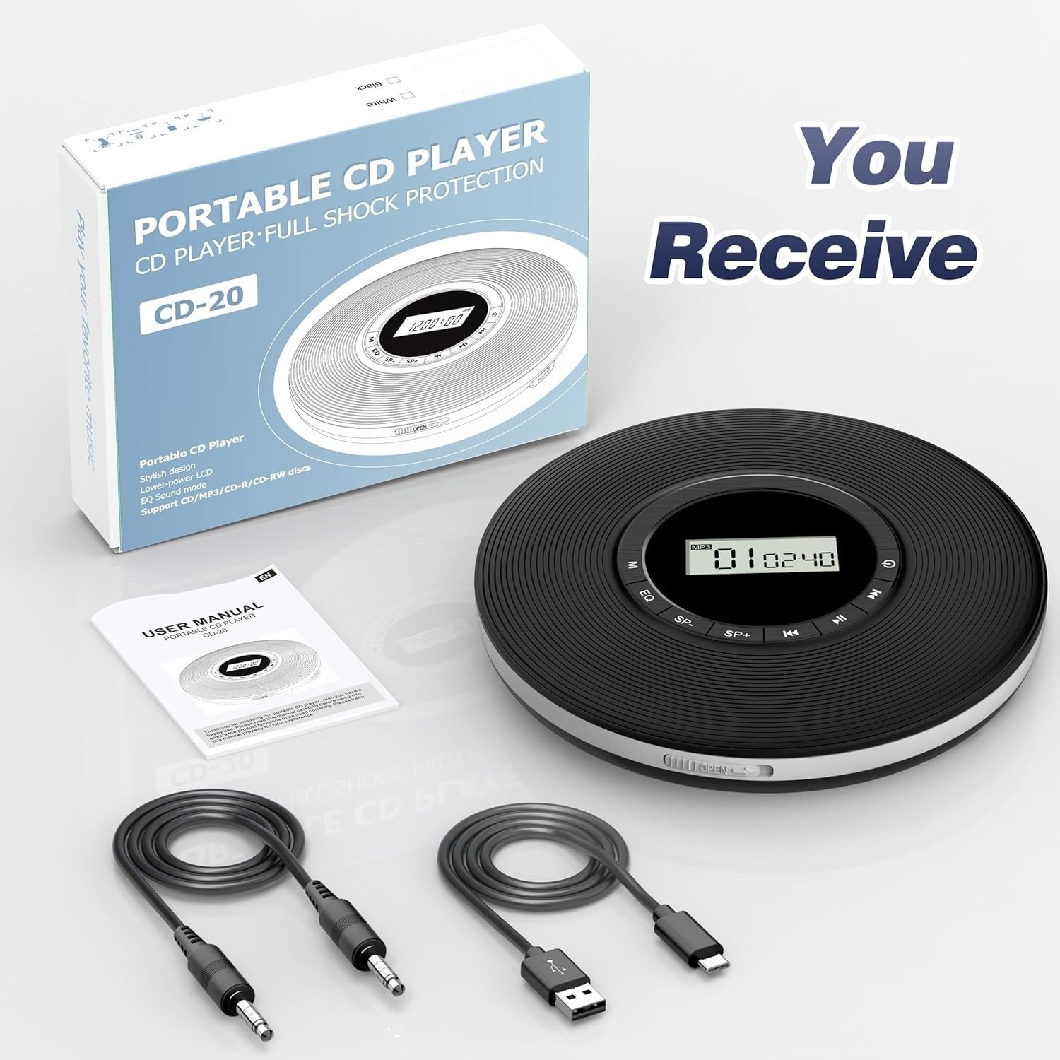 Portable Discman CD Player Anti Skip TF Card AUX Output EQ Black