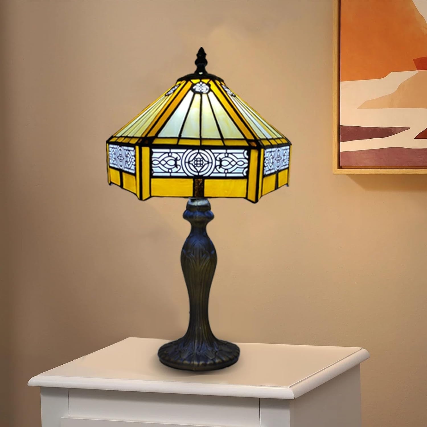 Antique Tiffany Table Lamp Stained Glass Hexagon Shade for Living Room