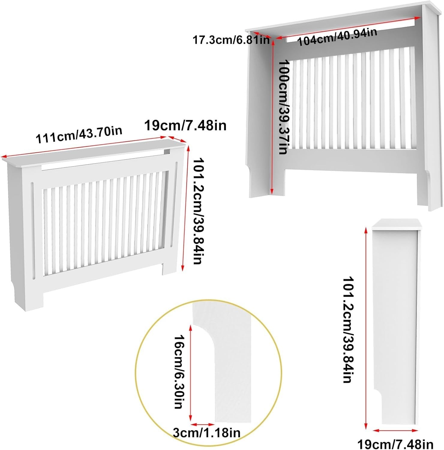 High Radiator Cover White MDF Cabinet | Vertical Slats Modern Shelf 111cm