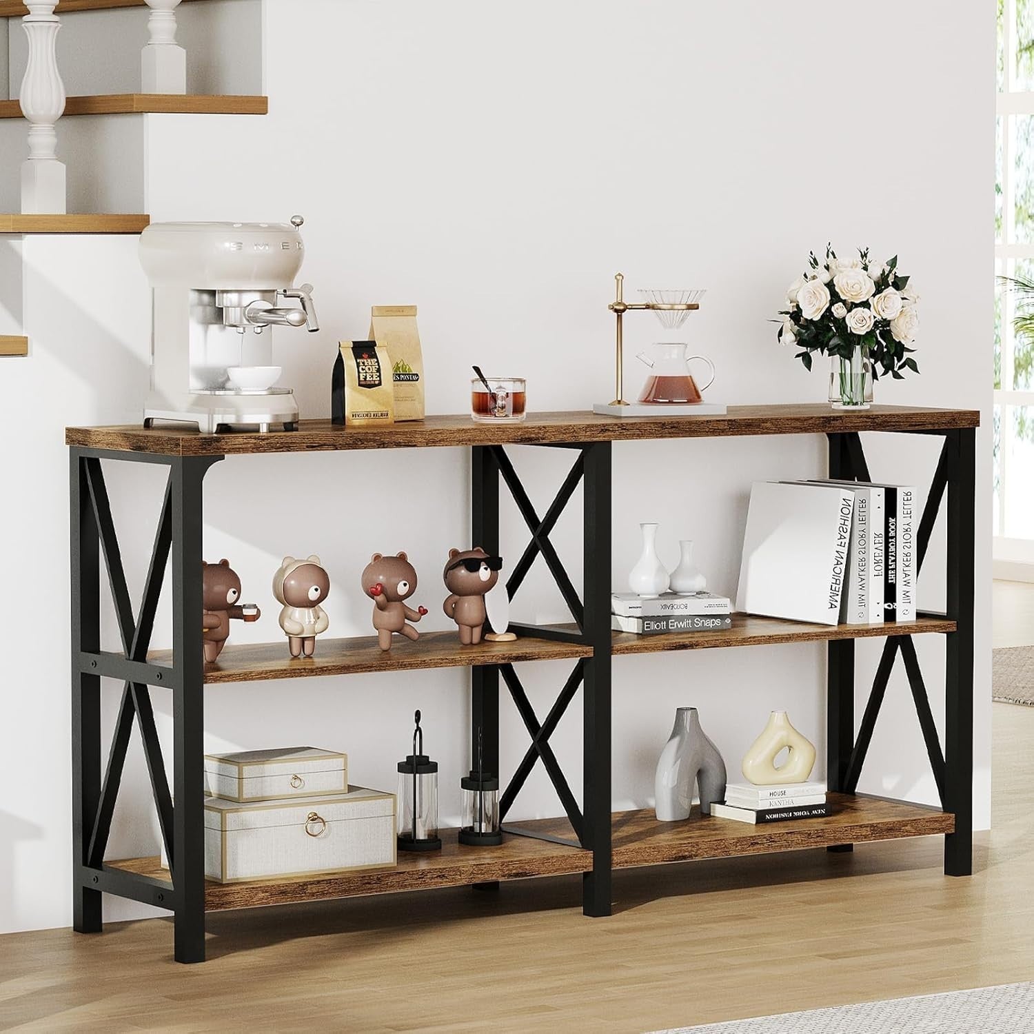 Rustic Console Table 3-Tier Wood Shelf for Entryway Sofa Hallway 55in
