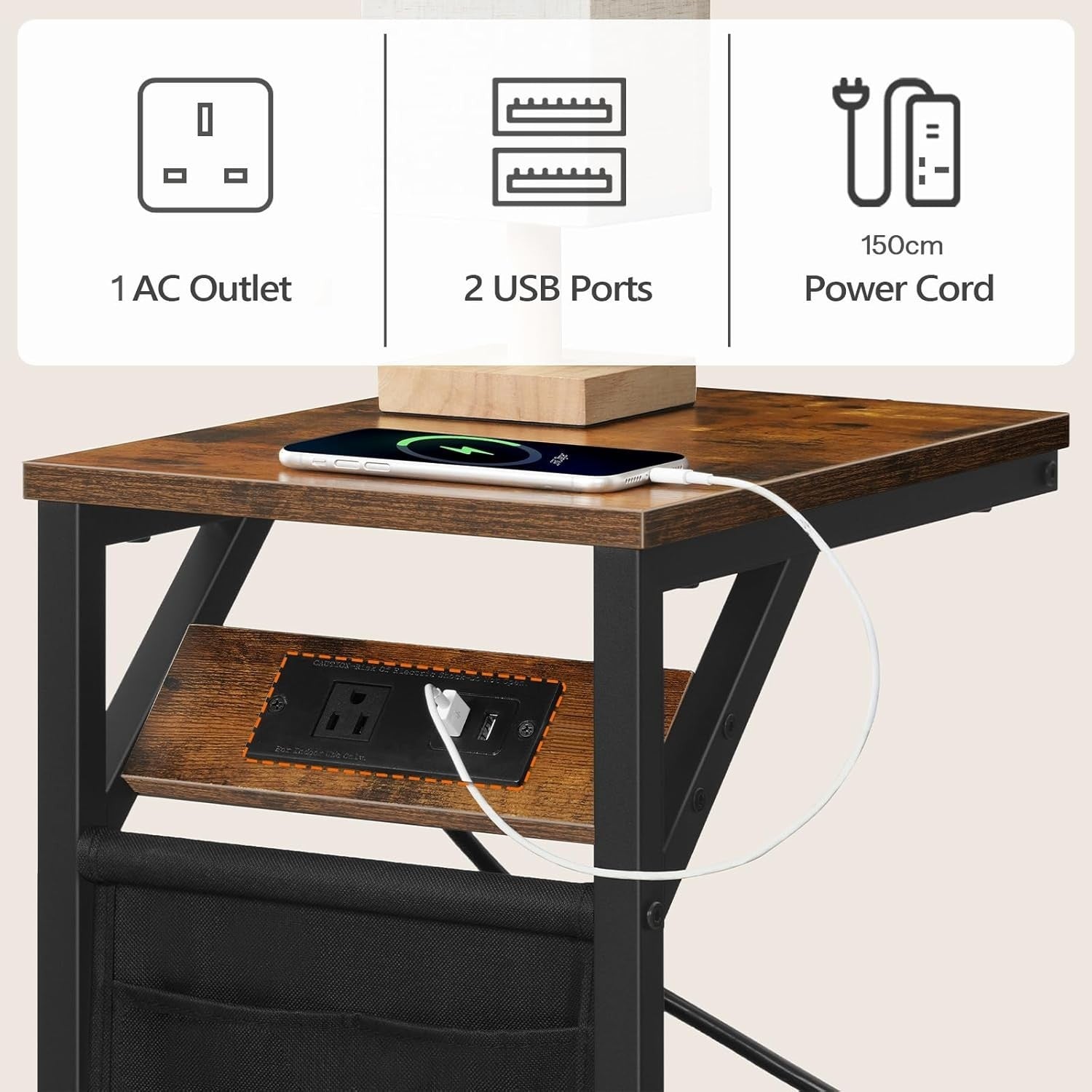 C Shaped Side Table with USB Charging, Storage Bag, Sofa Bed Laptop Stand