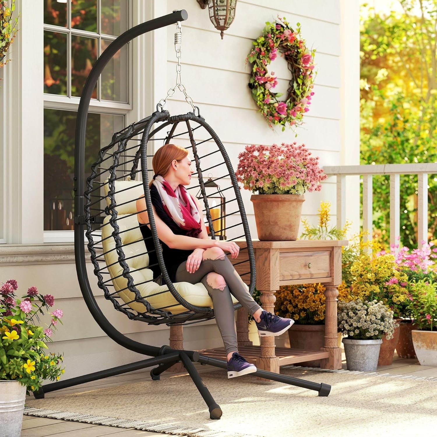 Hanging Egg Chair with Stand Cushioned Foldable Garden Swing Seat