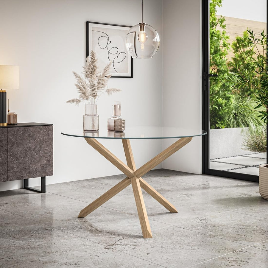 120cm Round Glass Dining Table with Solid Oak Legs Modern 4–6 Seater Table