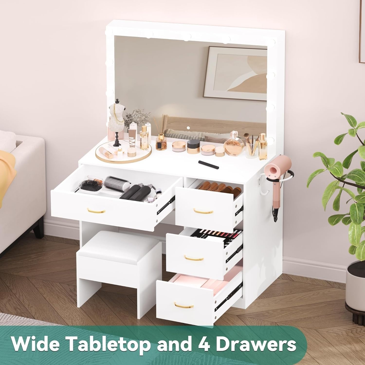 White Vanity Dressing Table w/ LED Mirror 4 Drawers Makeup Desk USB Minimalist