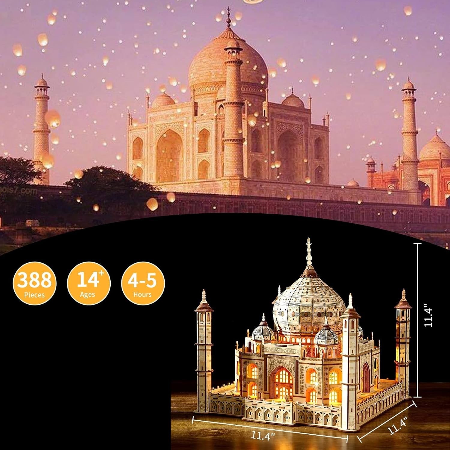 3D Wooden Taj Mahal Puzzle with LED Light, DIY Architectural Model Kit, 388 PCS