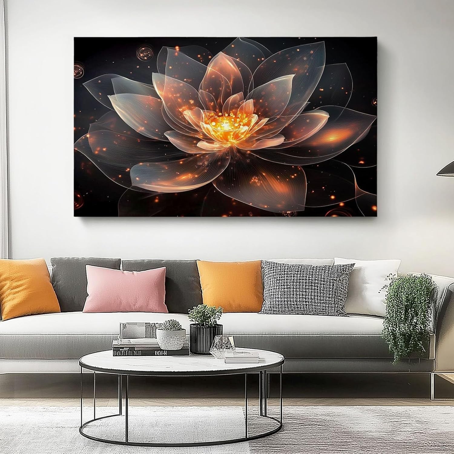 Extra Large Orange Black Lotus Canvas Wall Art 100x50cm