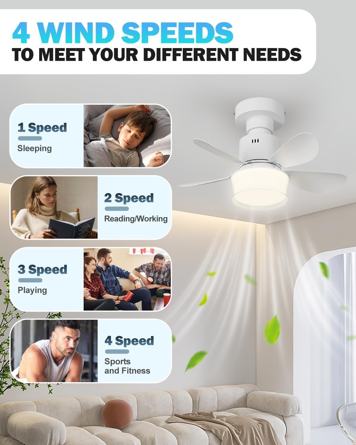 Olutula Dimmable Ceiling Fan, 4 Speed, LED Light, E27 Base, Remote