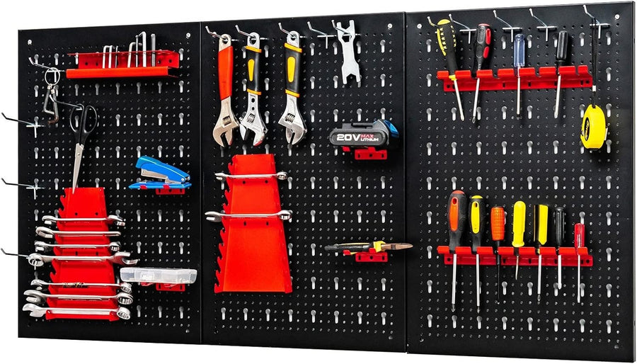 Wall-Mounted Tool Rack Organizer 3 Pegboards + 25 Hooks Black Red