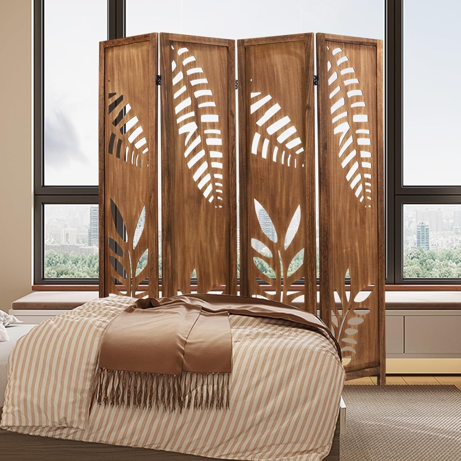 4 Panel Brown Carved Wood Room Divider Leaf Design Privacy Screen 170cm High