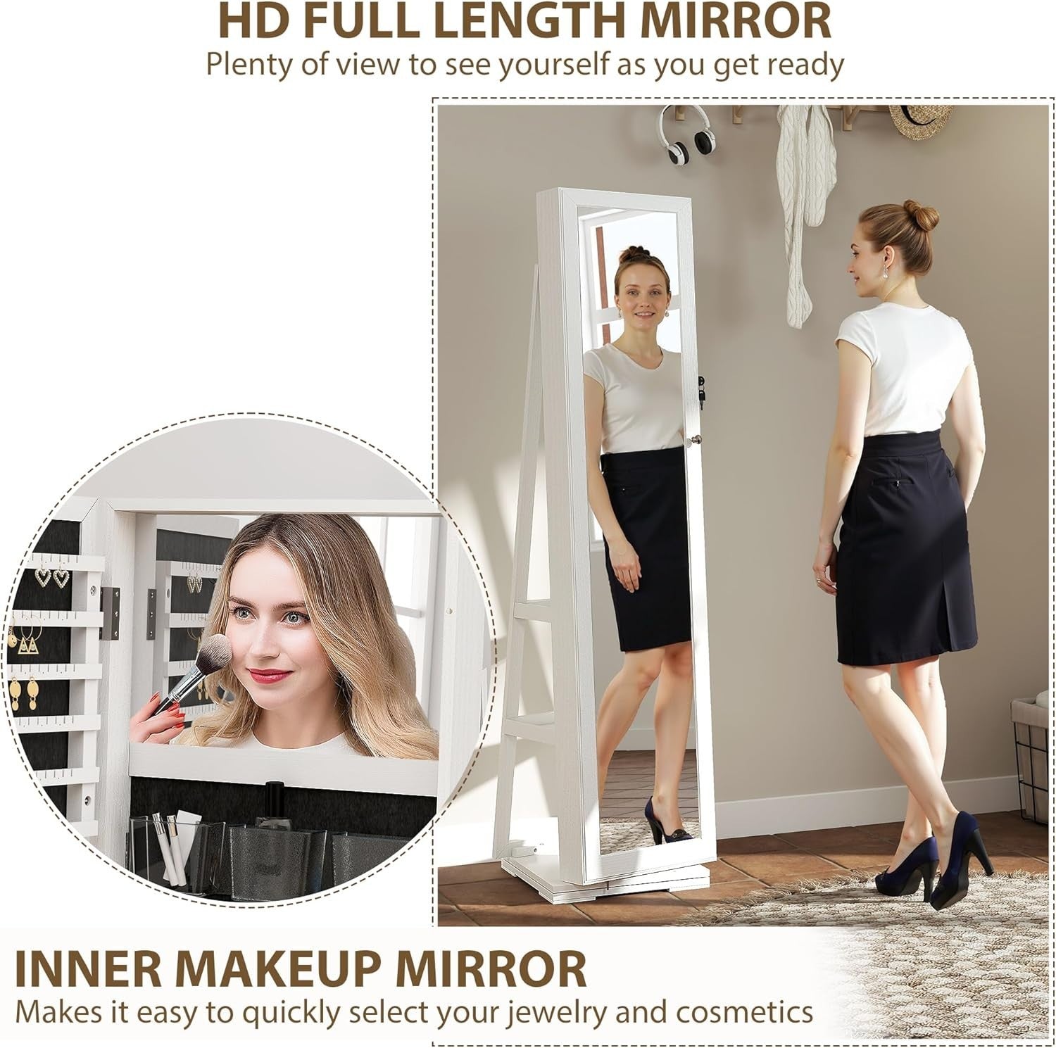 360° Swivel Jewelry Cabinet Full Length Mirror Lockable Storage Organizer