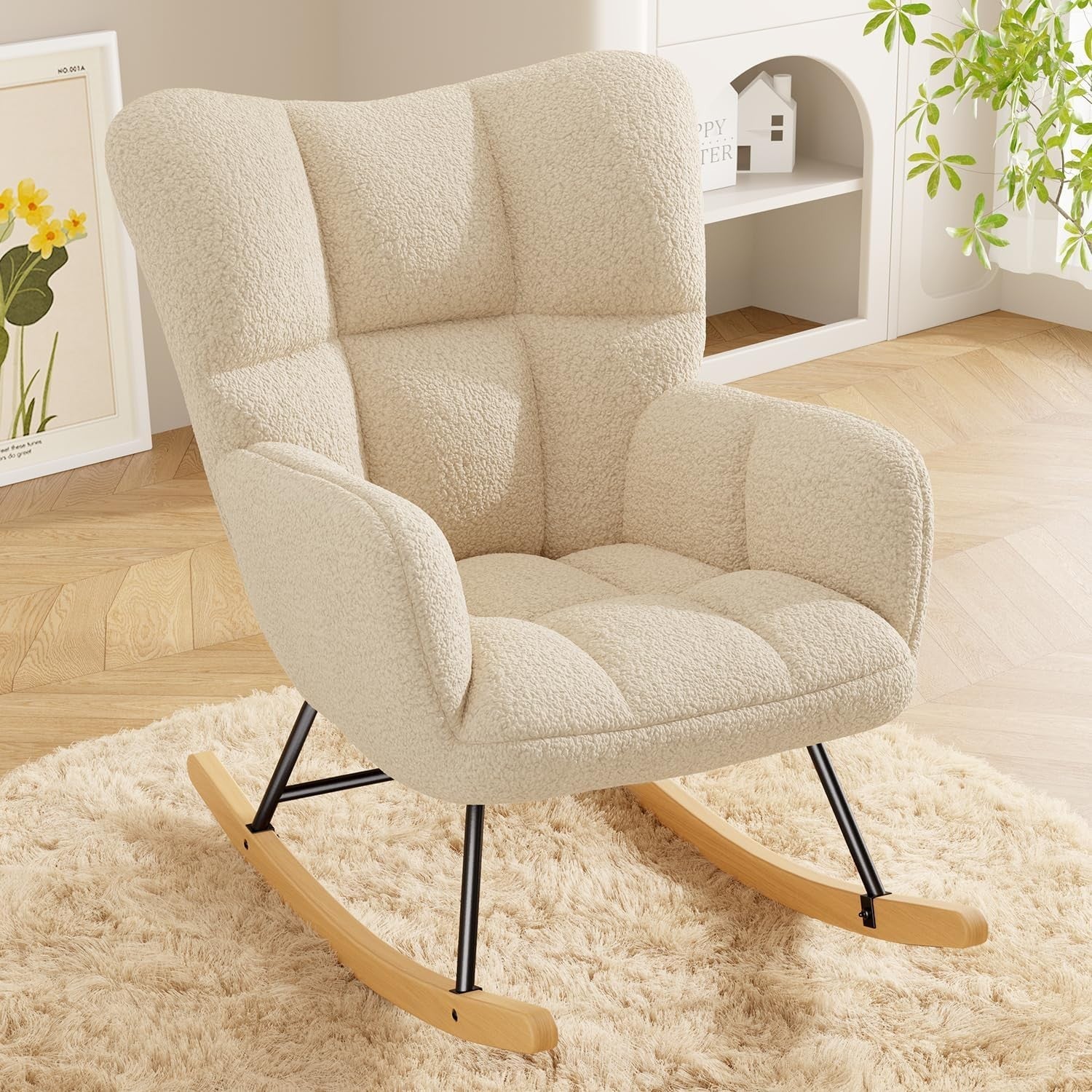 Cozy Lambswool Rocking Chair High Back Armrest Memory Foam Living Room Seat