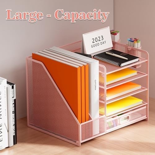 5 Tier Desk Organiser Pink Mesh File Holder Drawer Paper Tray Storage