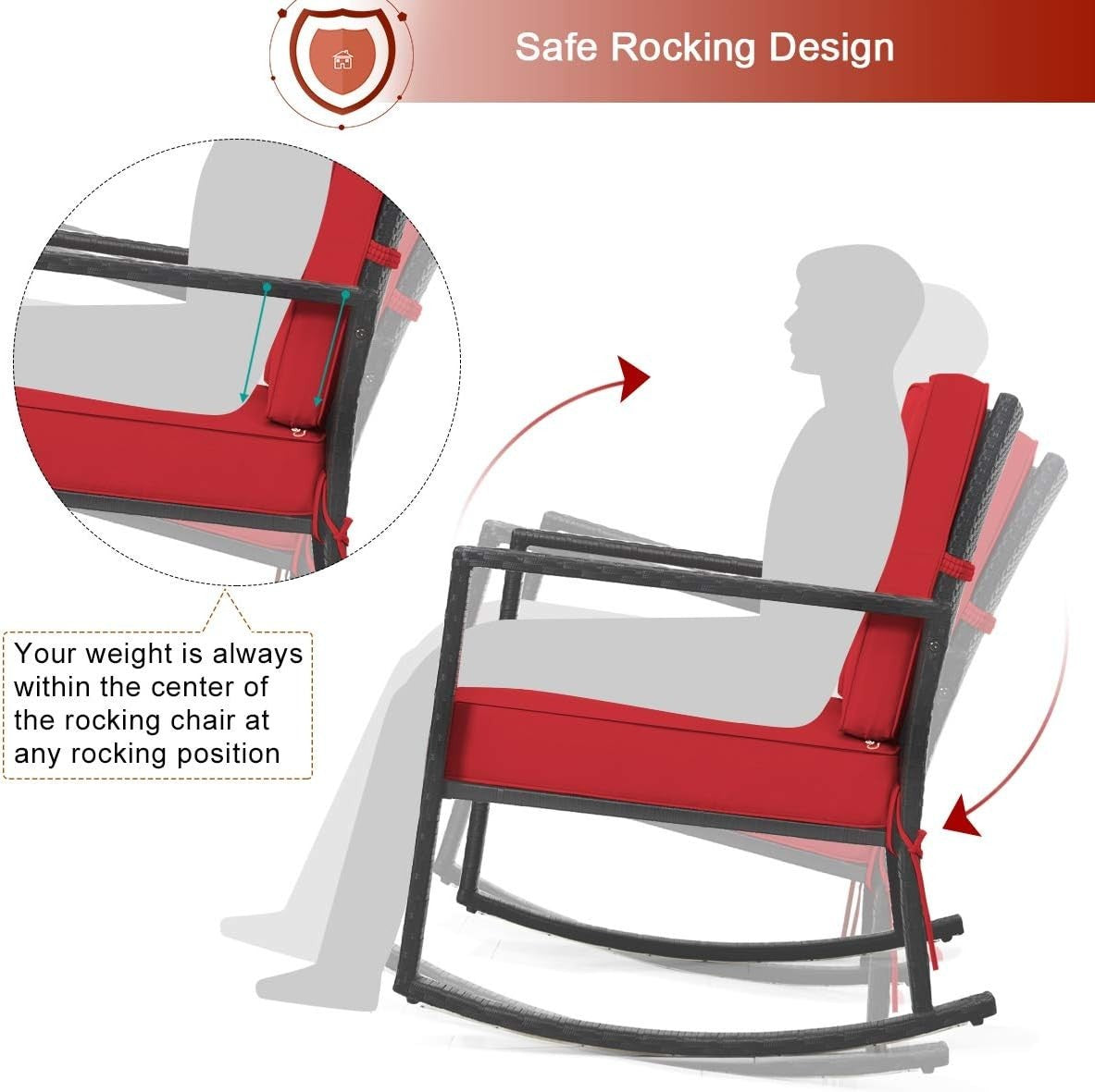 Outdoor Wicker Rocking Chair with Cushions & Armrest for Patio Comfort