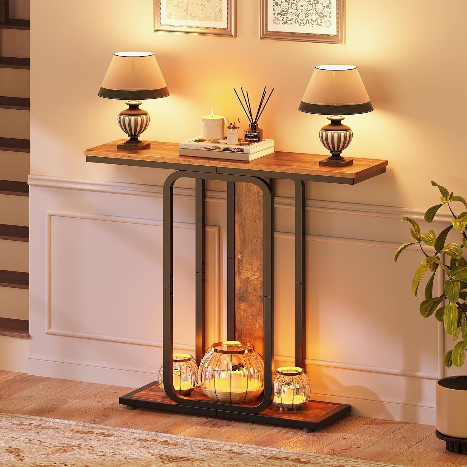 Slim Console Table Narrow 2-Tier Rustic Hallway Shelf for Entryway, Foyer