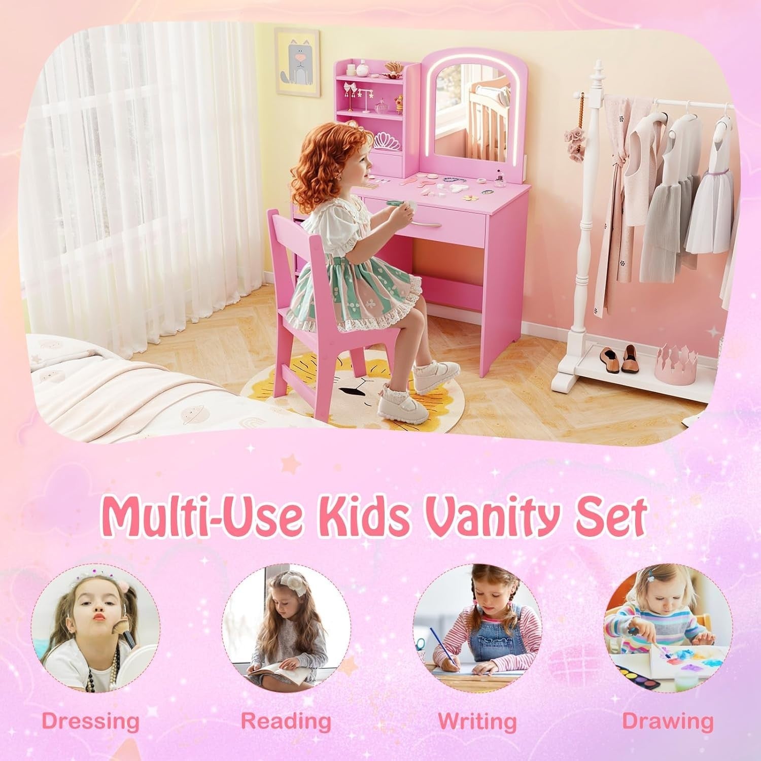 Kids Vanity Table Set Pink Girls Dressing Stool LED Mirror Storage Safe