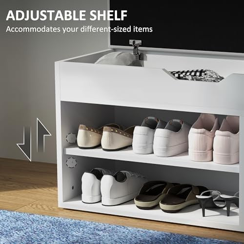 Modern Shoe Storage Bench with Cushion Seat & Hidden Compartment – Cream White