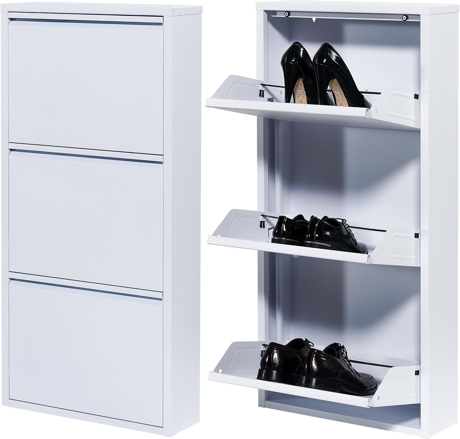 Slim Wall Mounted Shoe Cabinet 3 Drawer Metal Organizer White 104cm