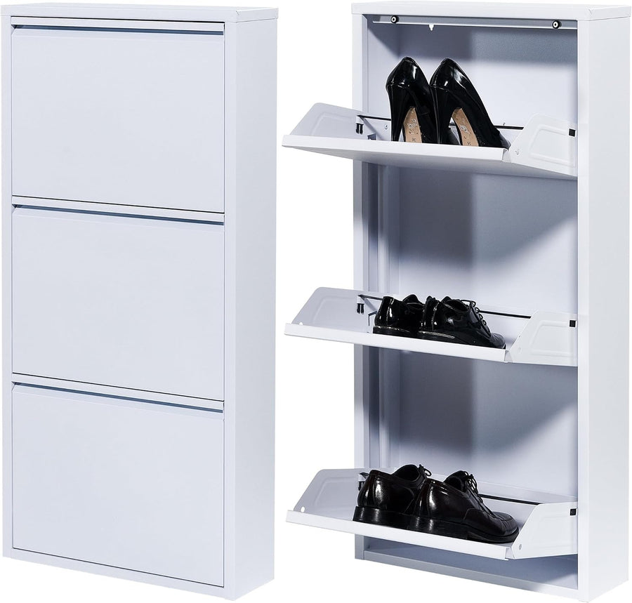 Slim Wall Mounted Shoe Cabinet 3 Drawer Metal Organizer White 104cm