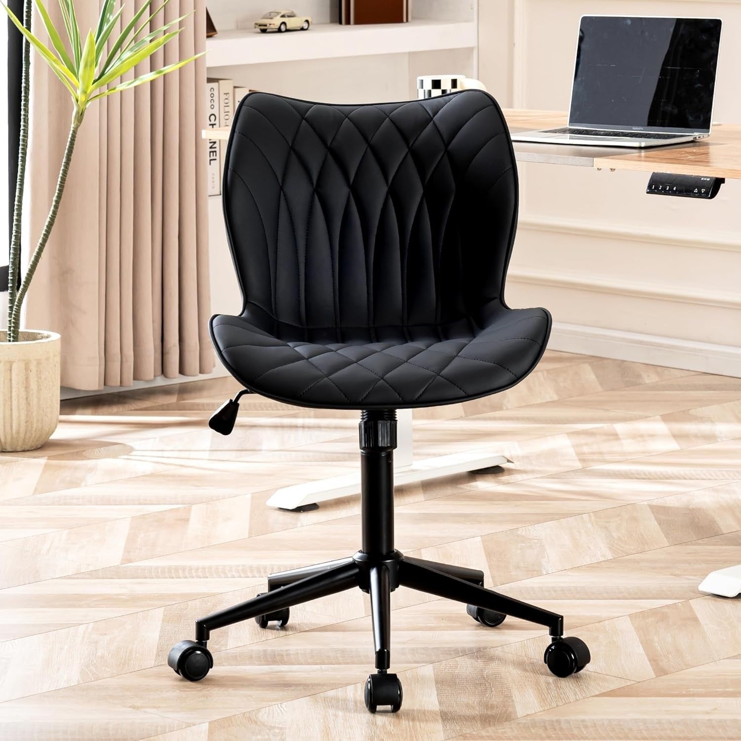 Ergonomic Armless Home Office Desk Chair Swivel Rocking Vanity Faux Leather Max