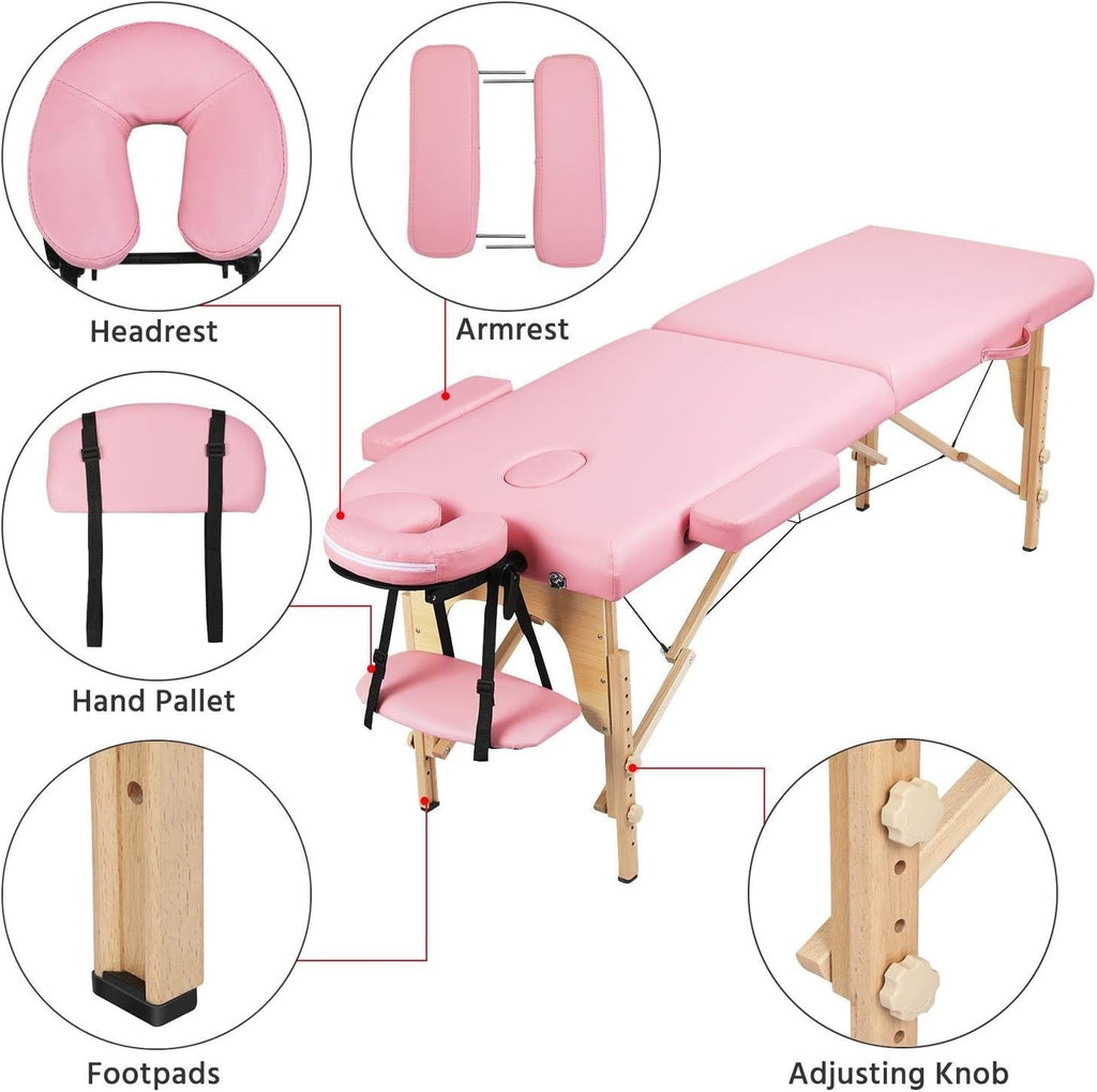 60cm 3-Section Portable Pink Massage Table | Foldable Wooden Lash Beauty Bed