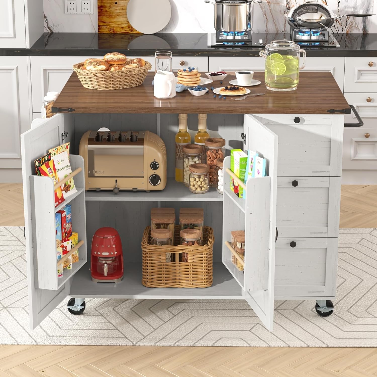 Kitchen Island Cart with Extendable Worktop, 2 Door Cabinet & 3 Drawers