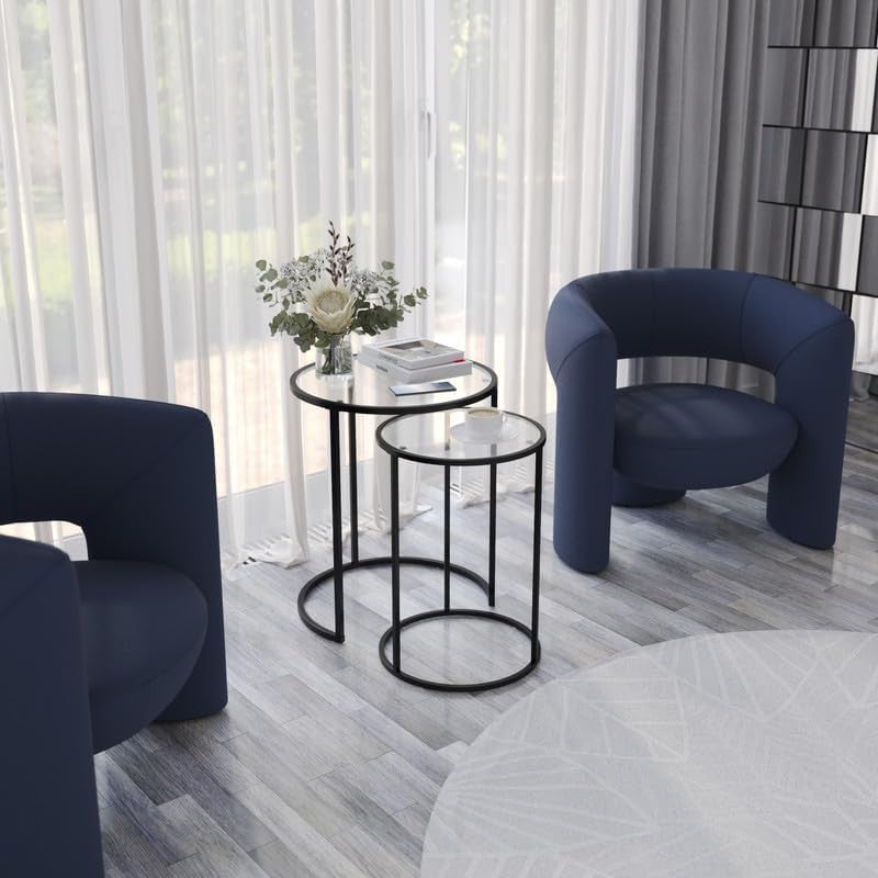 2X Round Nesting Coffee Tables Set Black Steel Base Tempered Glass Top Modern