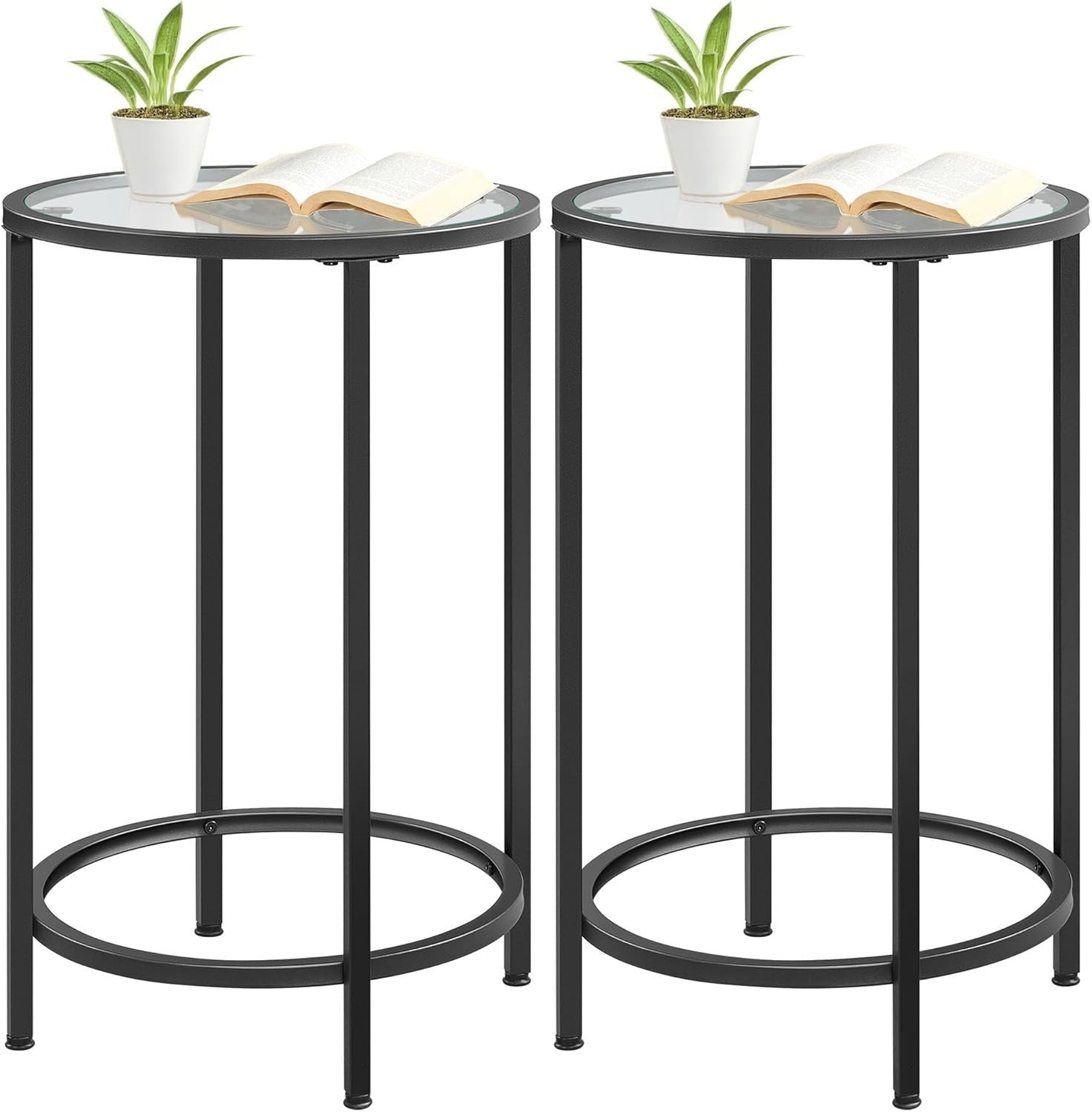 Set of 2 Round Glass Top Side Tables, Adjustable Feet, Modern Black Metal Frame