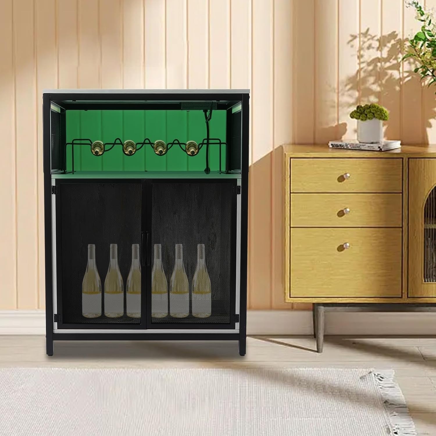 Industrial Wine Bar Cabinet with RGB Lights & Glass Holder Storage
