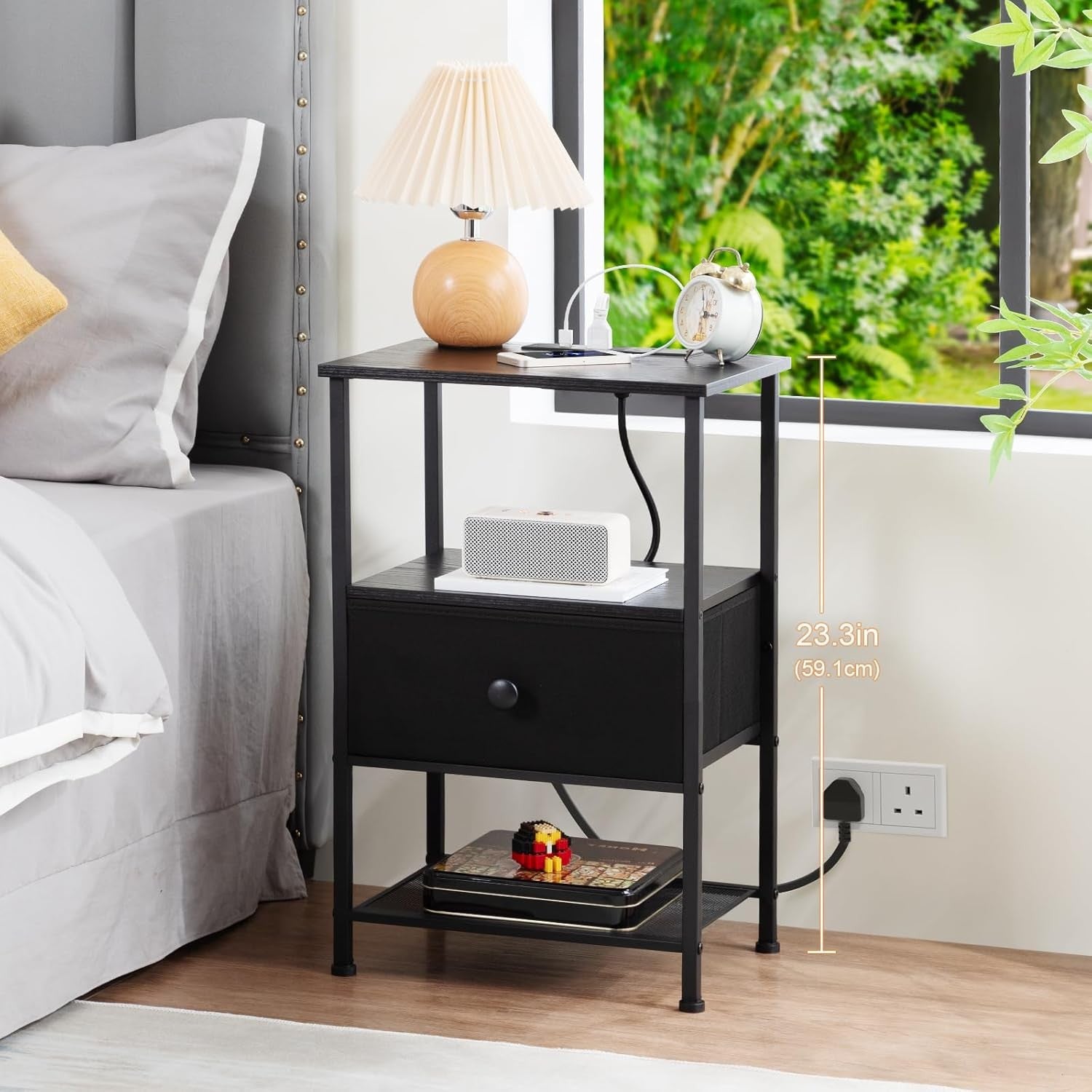 Set of 2 Bedside Tables with Charging Station, Fabric Drawer & Storage Shelf