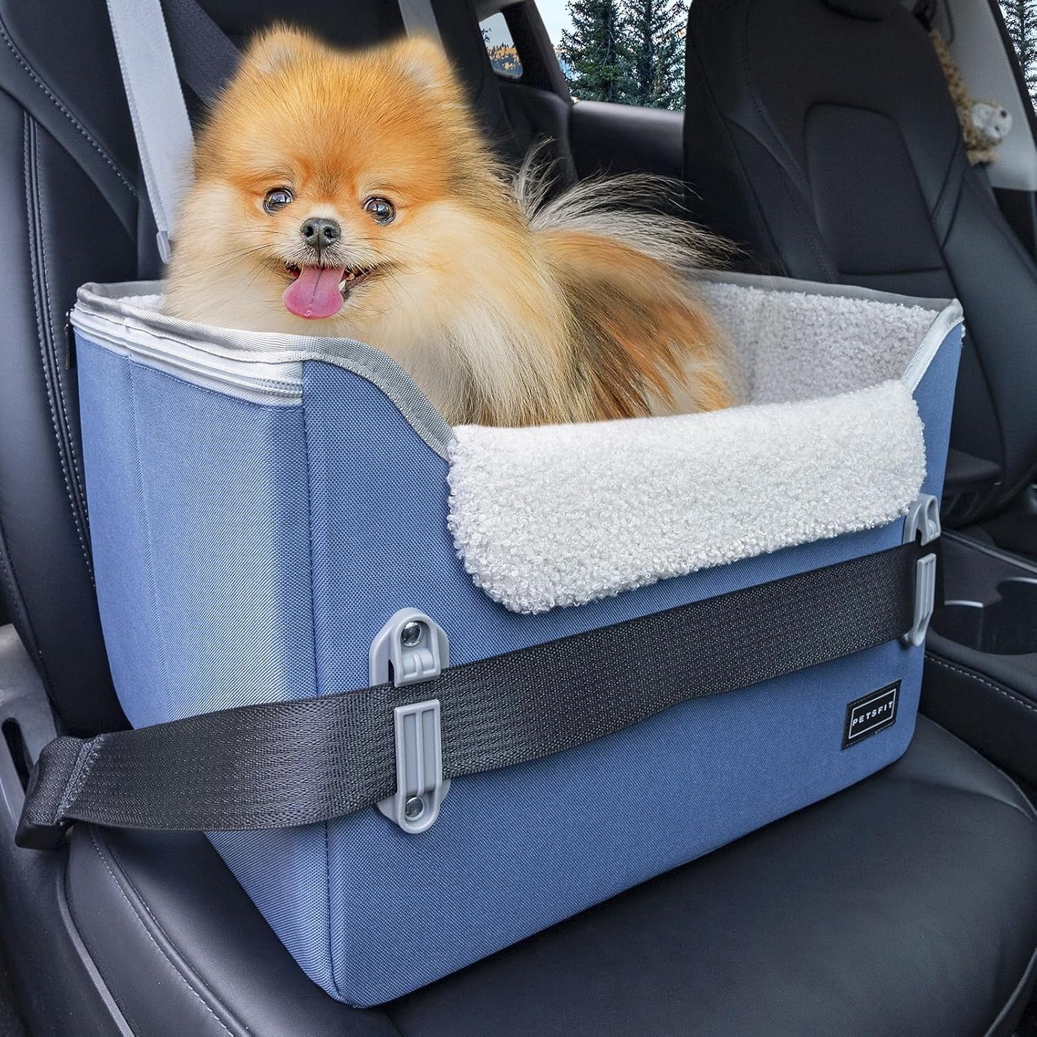 Dog Booster Car Seat Adjustable Height Travel Bed Safety Leashes Blue
