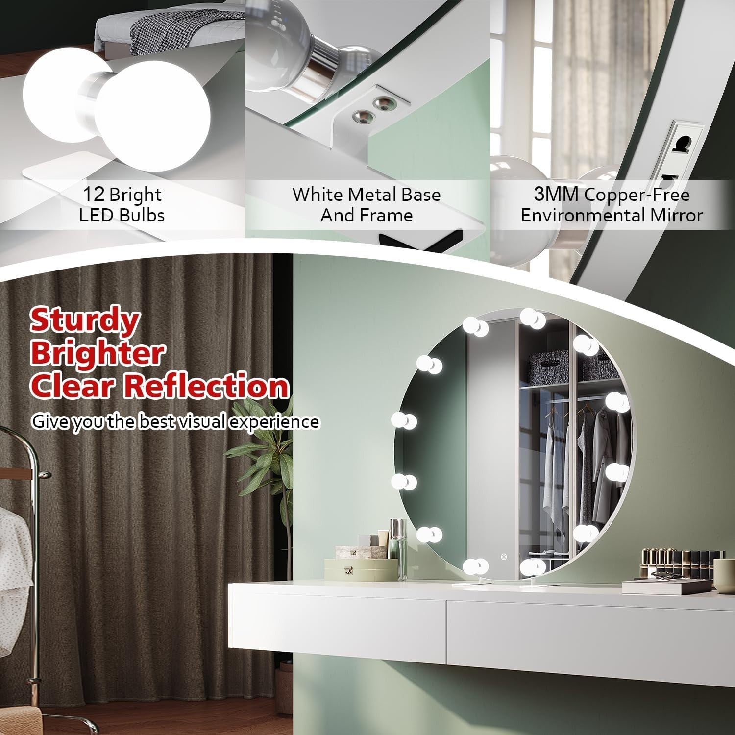 80cm Round Hollywood Vanity Mirror with 12 Dimmable LED Bulbs & Touch Control