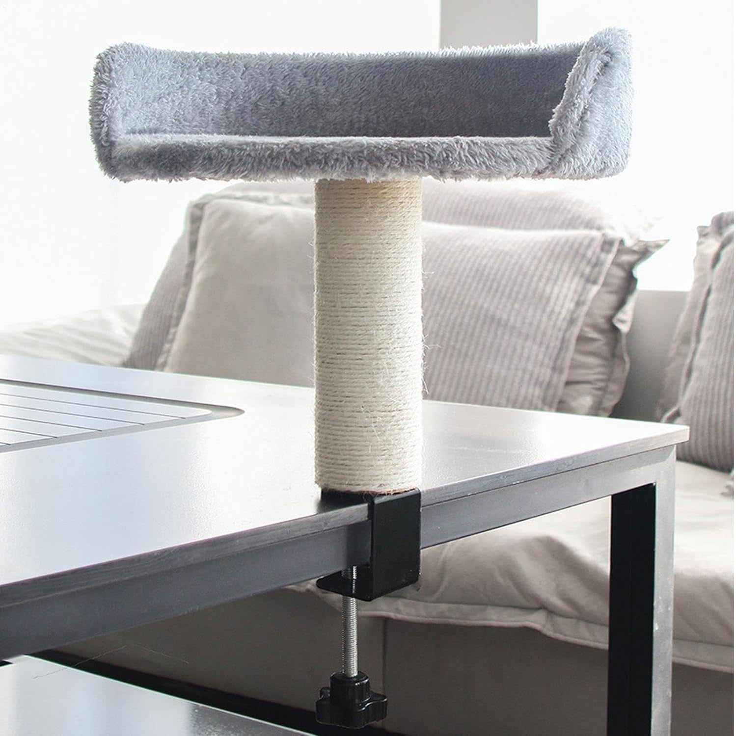 Desk Mounted Cat Bed Hammock w/ Scratching Post Removable Soft Pad