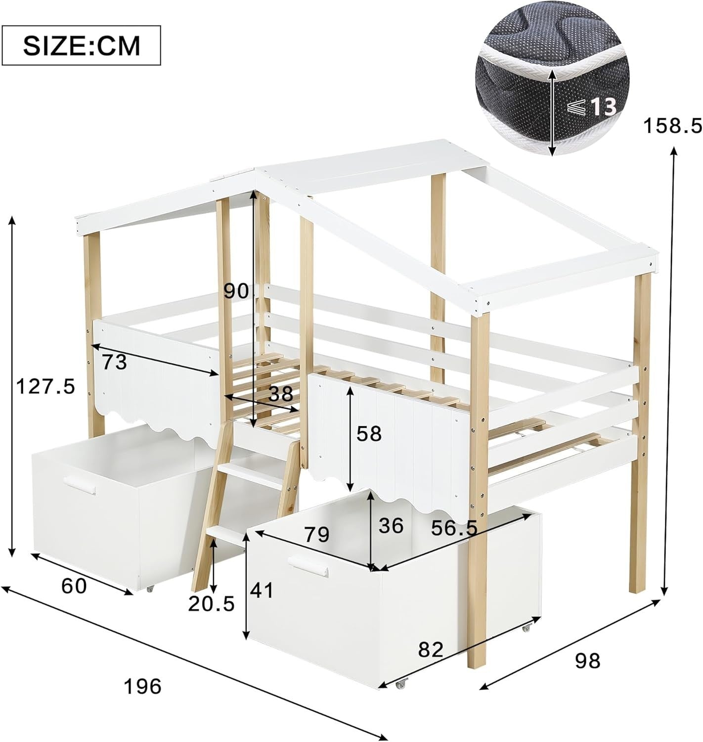 Kids Mid Sleeper Bed with Storage Drawers Safety Guard Cabin 90x190cm