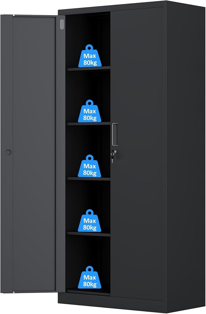 Tall Black Metal Storage Cabinet with Lockable Doors & 4 Adjustable Shelves
